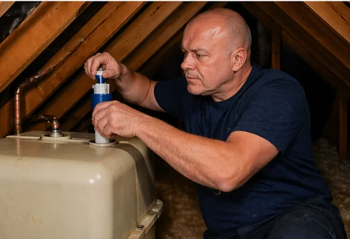 Loft tank plumbing repair in Stoke-on-Trent