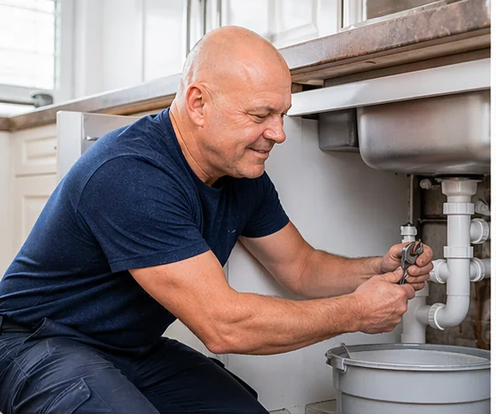 Steve repairing pipework under a sink